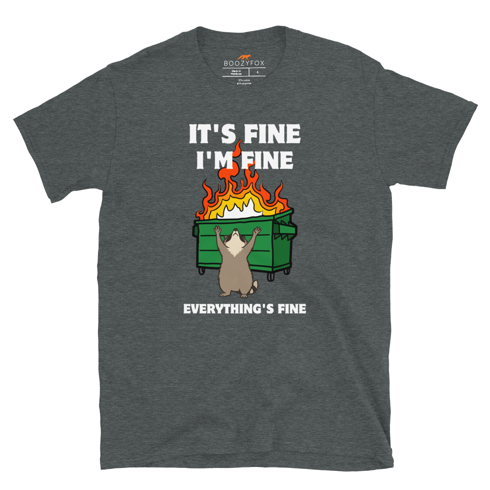 Funny Dumpster Fire Raccoon graphic t-shirt in dark heather by Boozy Fox