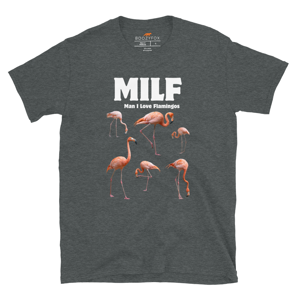 Funny Man I Love Flamingos graphic t-shirt in dark heather by Boozy Fox
