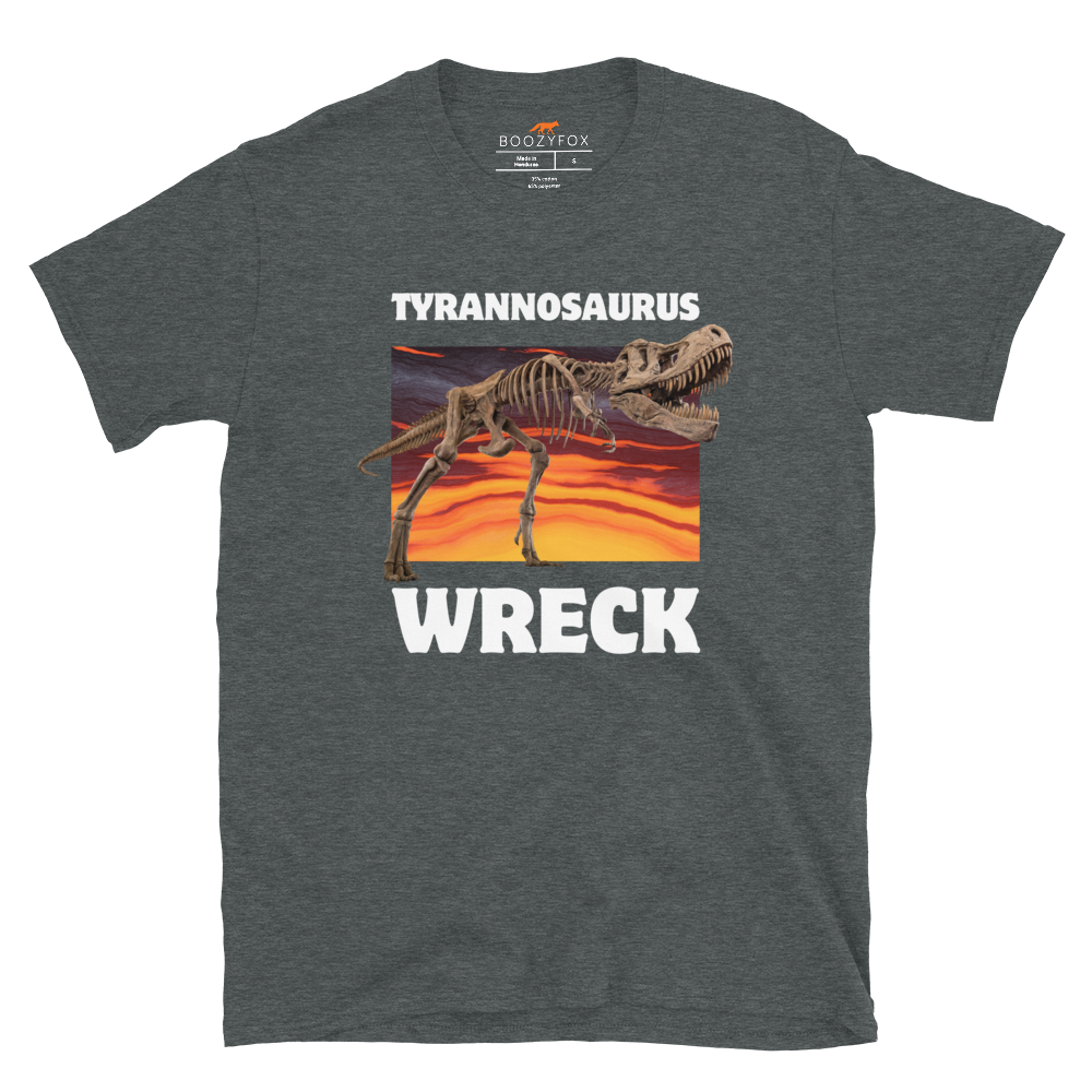 Funny Tyrannosaurus Wreck T-Rex Dinosaur graphic t-shirt in dark heather by Boozy Fox