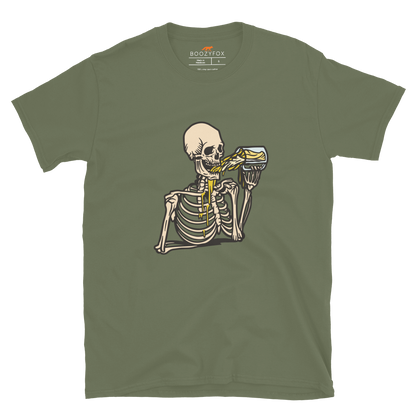 Skeleton Drinking Beer T-Shirt Online - Military Green - Boozy Fox