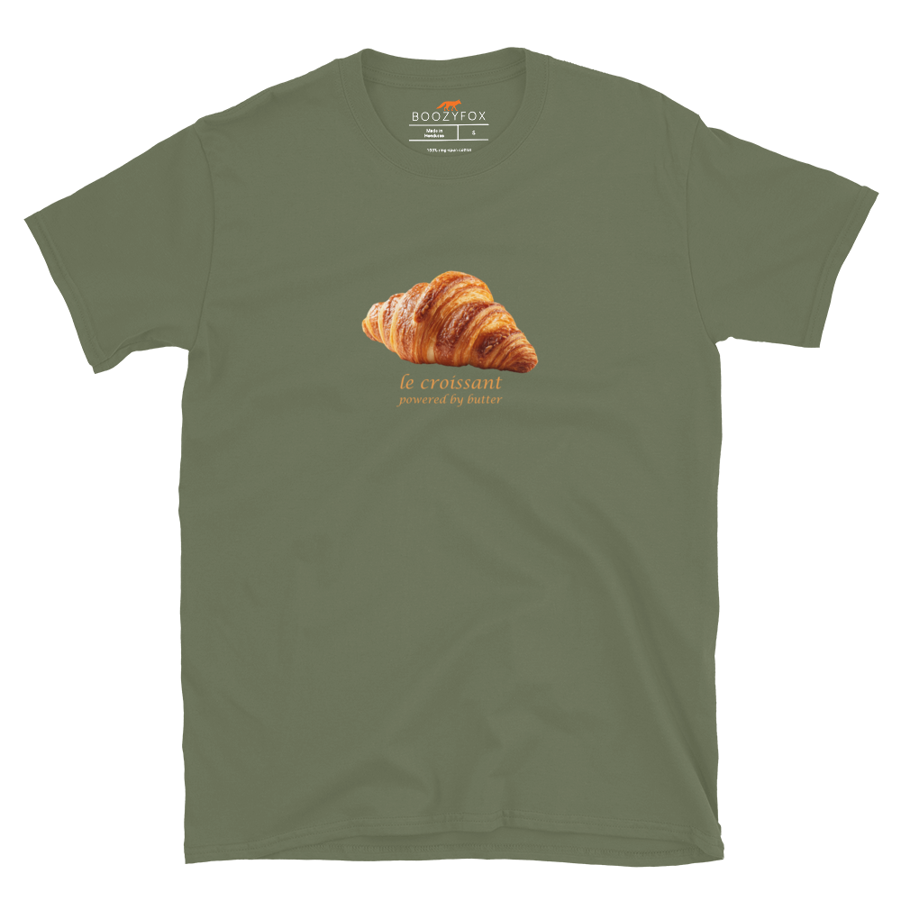 Funny Le Croissant graphic t-shirt in military green by Boozy Fox