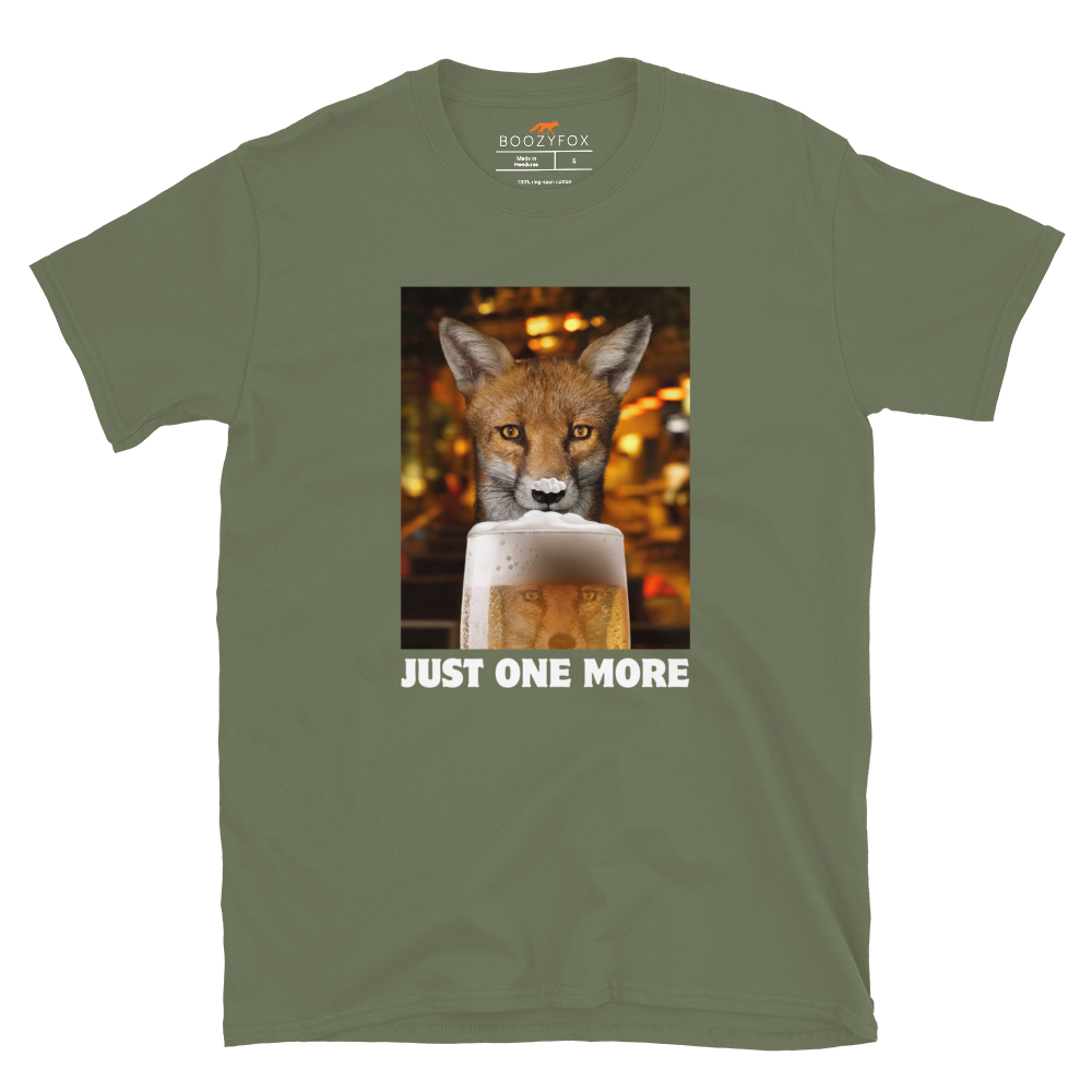 Funny Just One More Fox graphic t-shirt in military green by Boozy Fox