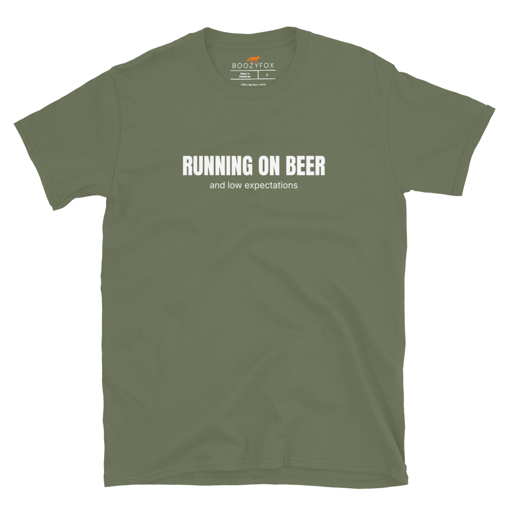 Funny Running on Beer graphic t-shirt in military green by Boozy Fox