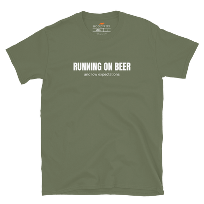 Funny Running on Beer graphic t-shirt in military green by Boozy Fox