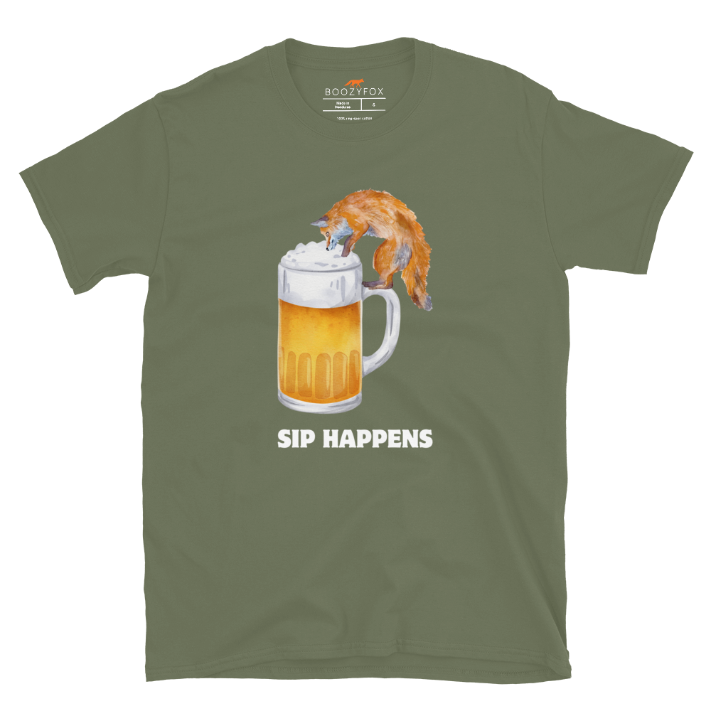 Funny Sip Happens Fox beer graphic t-shirt in military green by Boozy Fox