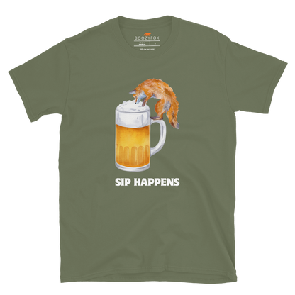 Funny Sip Happens Fox beer graphic t-shirt in military green by Boozy Fox