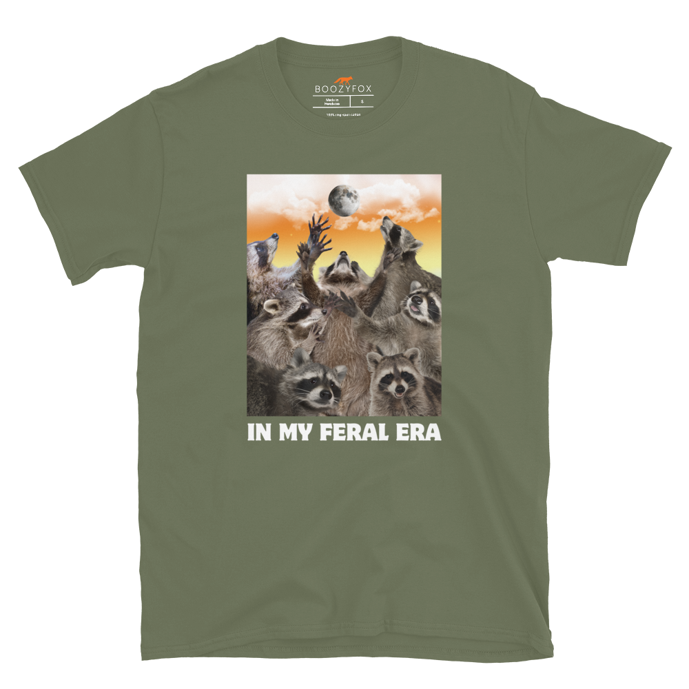 Funny In My Feral Era Raccoon graphic t-shirt in military green by Boozy Fox