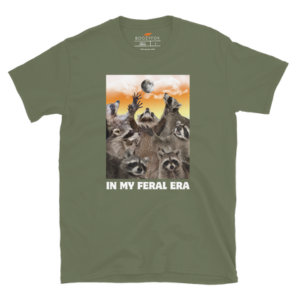 Funny In My Feral Era Raccoon graphic t-shirt in military green by Boozy Fox