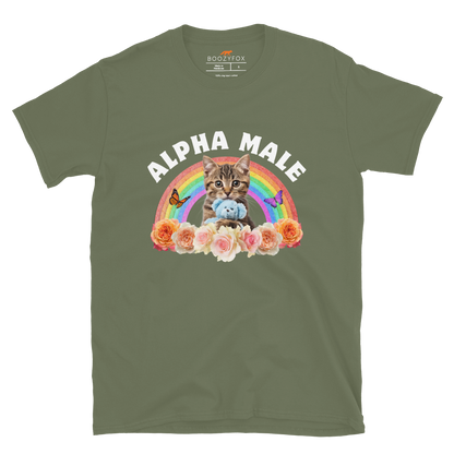 Funny Alpha Male Cat rainbow roses graphic t-shirt in military green by Boozy Fox