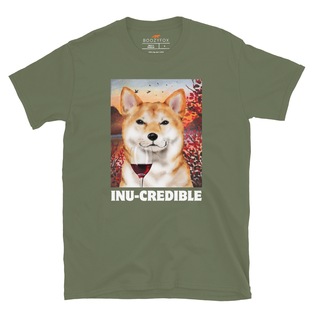 Funny Shiba Inu graphic t-shirt in military green by Boozy Fox