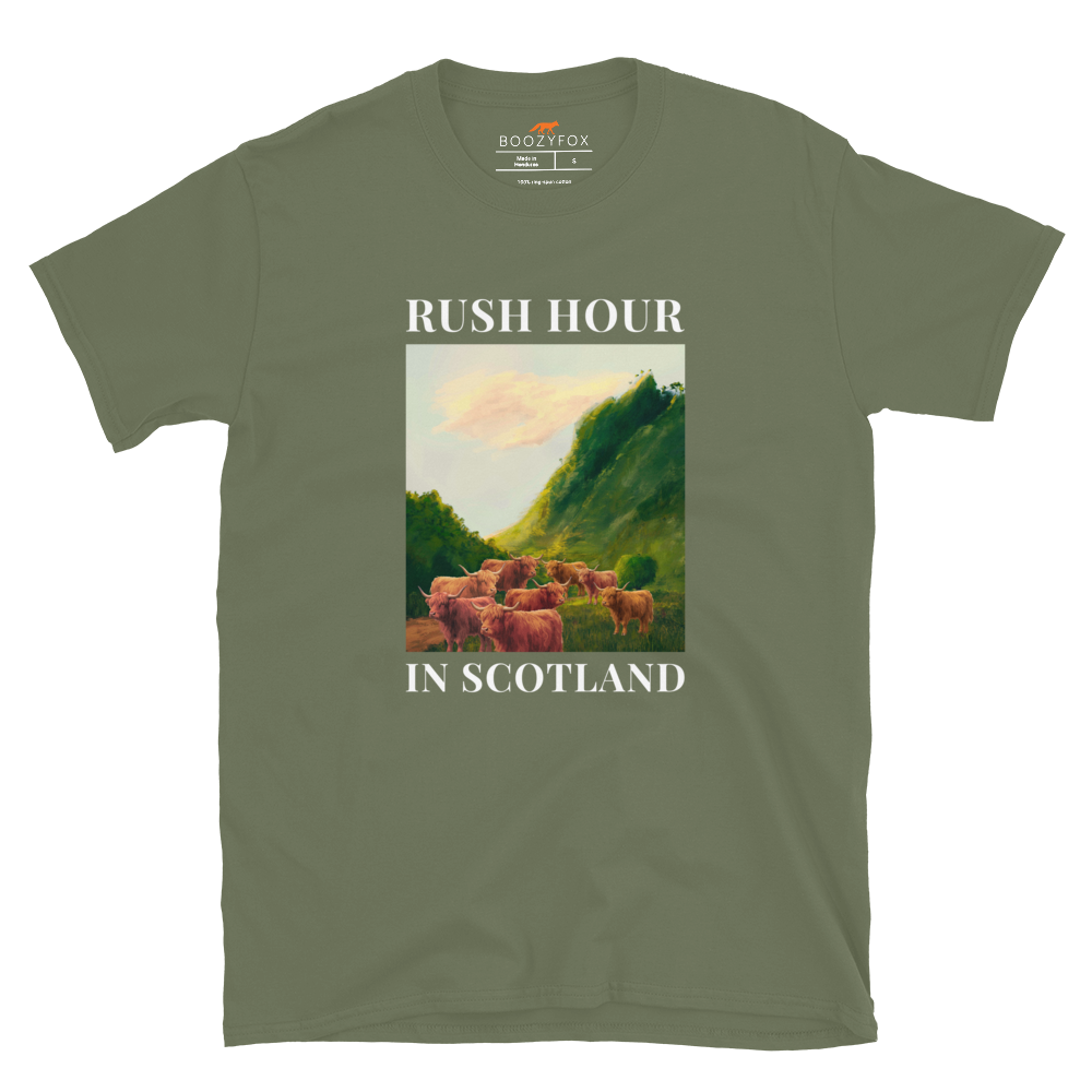 Funny Highland Cow Rush Hour in Scotland graphic t-shirt in military green by Boozy Fox