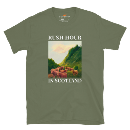 Funny Highland Cow Rush Hour in Scotland graphic t-shirt in military green by Boozy Fox
