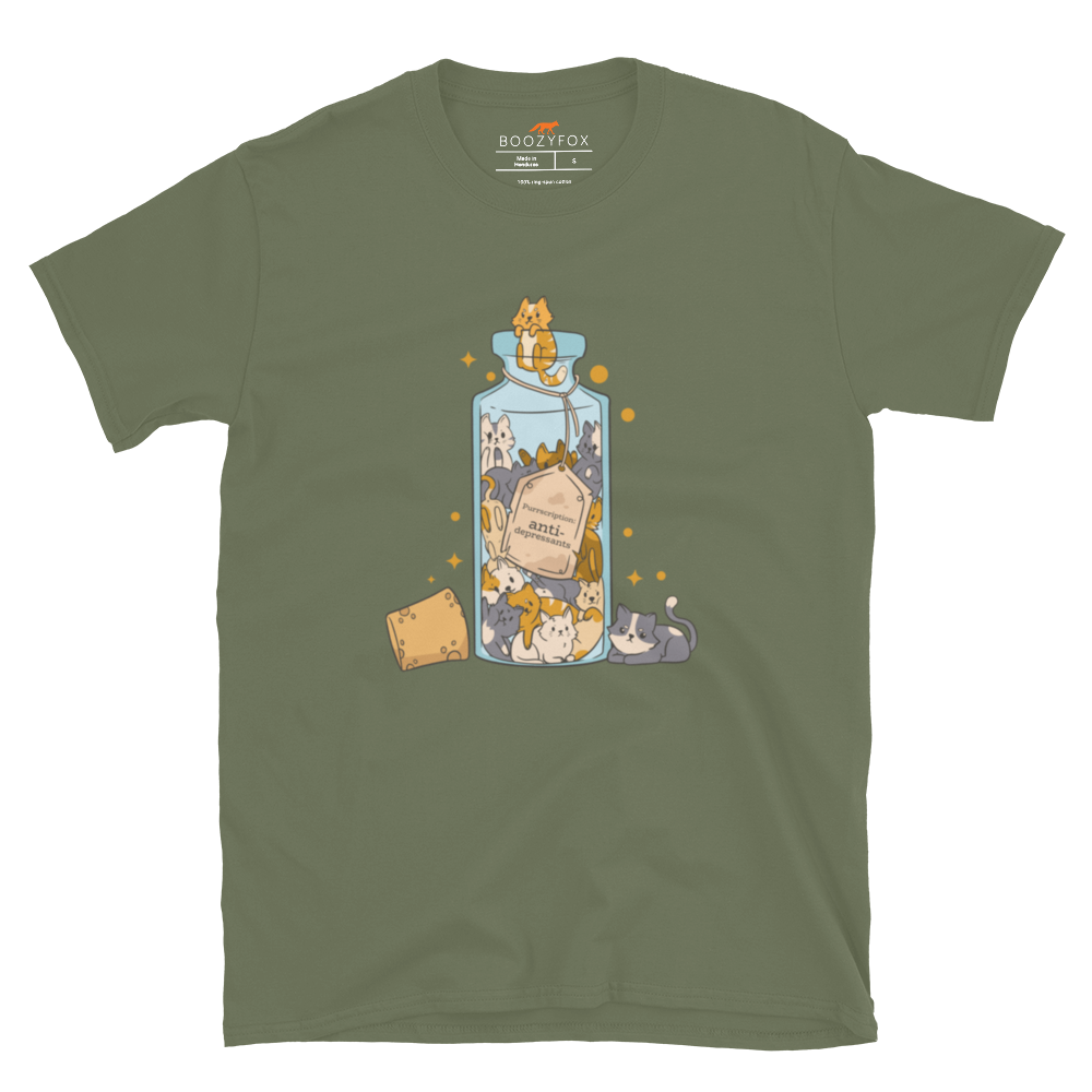 Funny Purrscription: Anti-depressants Cat graphic t-shirt in military green by Boozy Fox