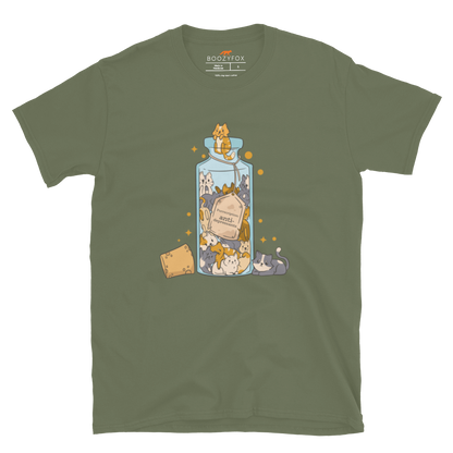 Funny Purrscription: Anti-depressants Cat graphic t-shirt in military green by Boozy Fox