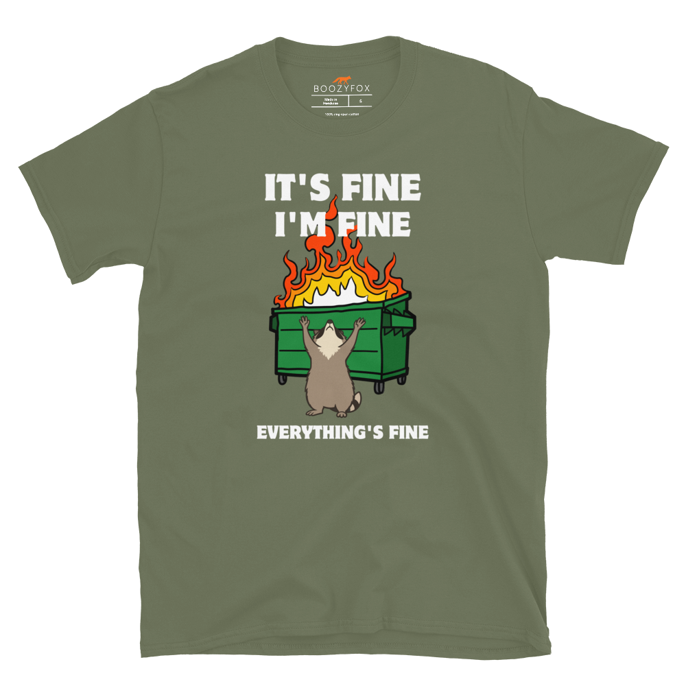 Funny Dumpster Fire Raccoon graphic t-shirt in military green by Boozy Fox