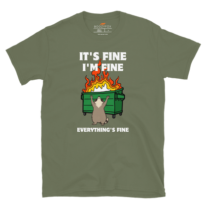 Funny Dumpster Fire Raccoon graphic t-shirt in military green by Boozy Fox