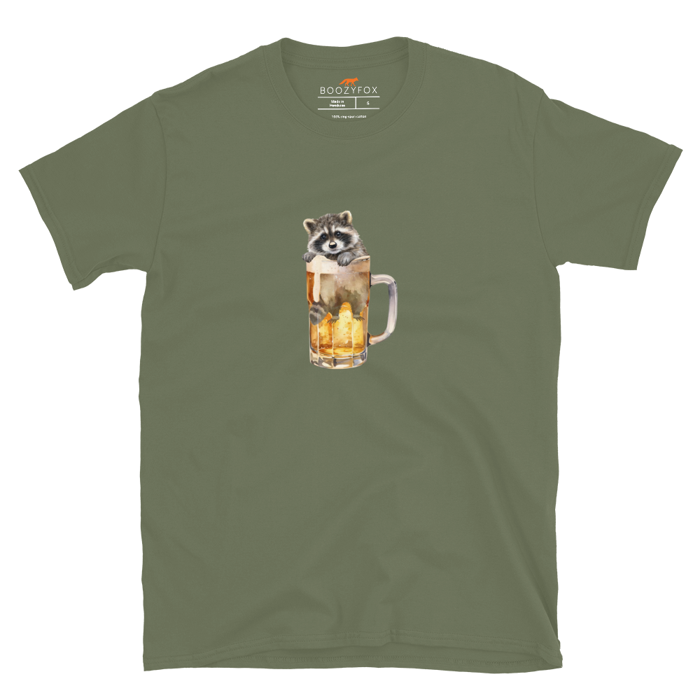 Funny Raccoon in Beer Glass beer lover graphic t-shirt in military green by Boozy Fox