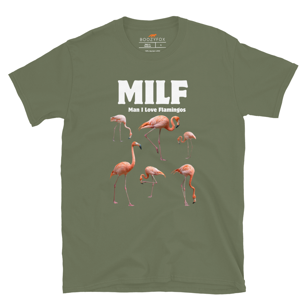 Funny Man I Love Flamingos graphic t-shirt in military green by Boozy Fox