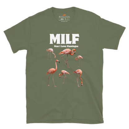 Funny Man I Love Flamingos graphic t-shirt in military green by Boozy Fox