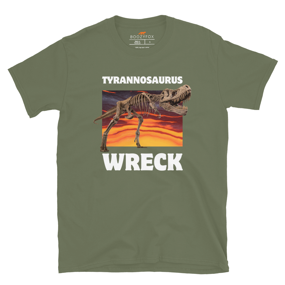 Funny Tyrannosaurus Wreck T-Rex Dinosaur graphic t-shirt in military green by Boozy Fox