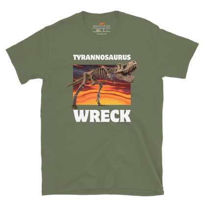 Funny Tyrannosaurus Wreck T-Rex Dinosaur graphic t-shirt in military green by Boozy Fox