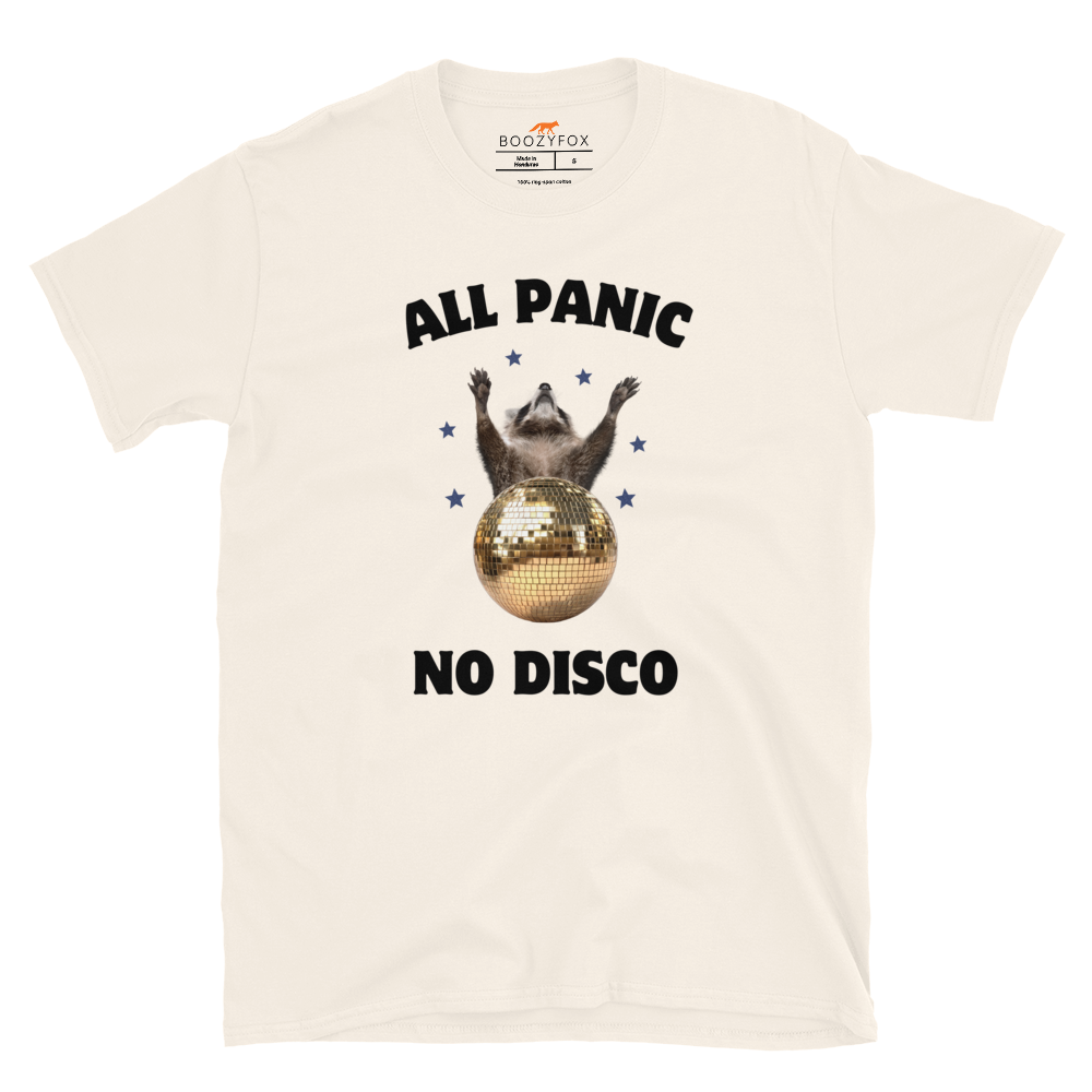 Funny All Panic No Disco Raccoon graphic t-shirt in natural white by Boozy Fox