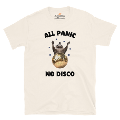 Funny All Panic No Disco Raccoon graphic t-shirt in natural white by Boozy Fox