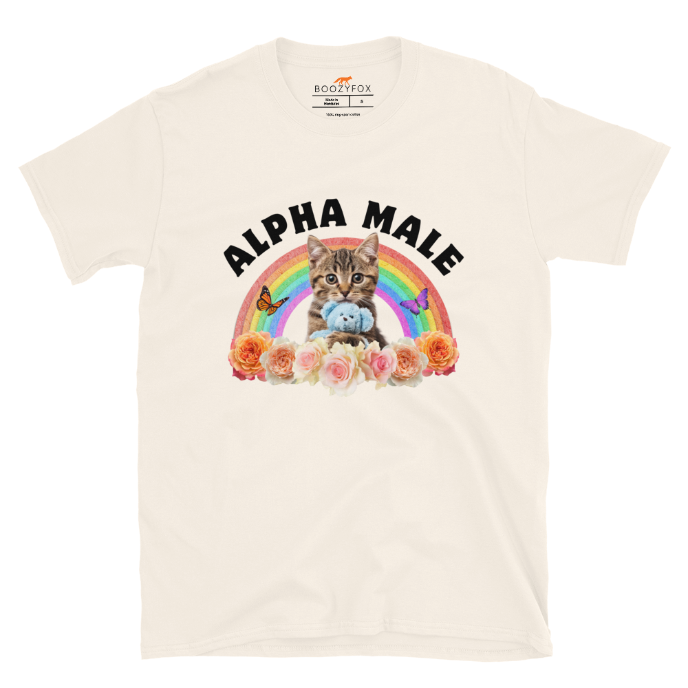 Funny Alpha Male Cat rainbow roses graphic t-shirt in natural white by Boozy Fox