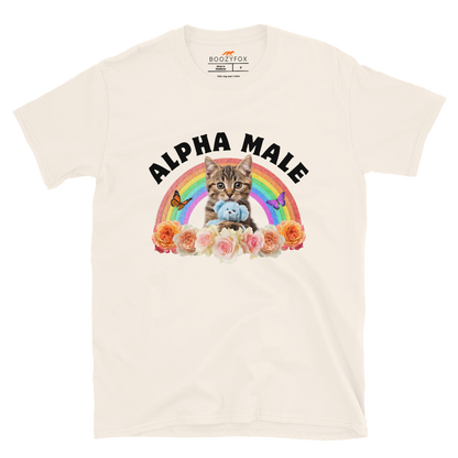 Funny Alpha Male Cat rainbow roses graphic t-shirt in natural white by Boozy Fox