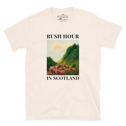 Funny Highland Cow Rush Hour in Scotland graphic t-shirt in natural white by Boozy Fox