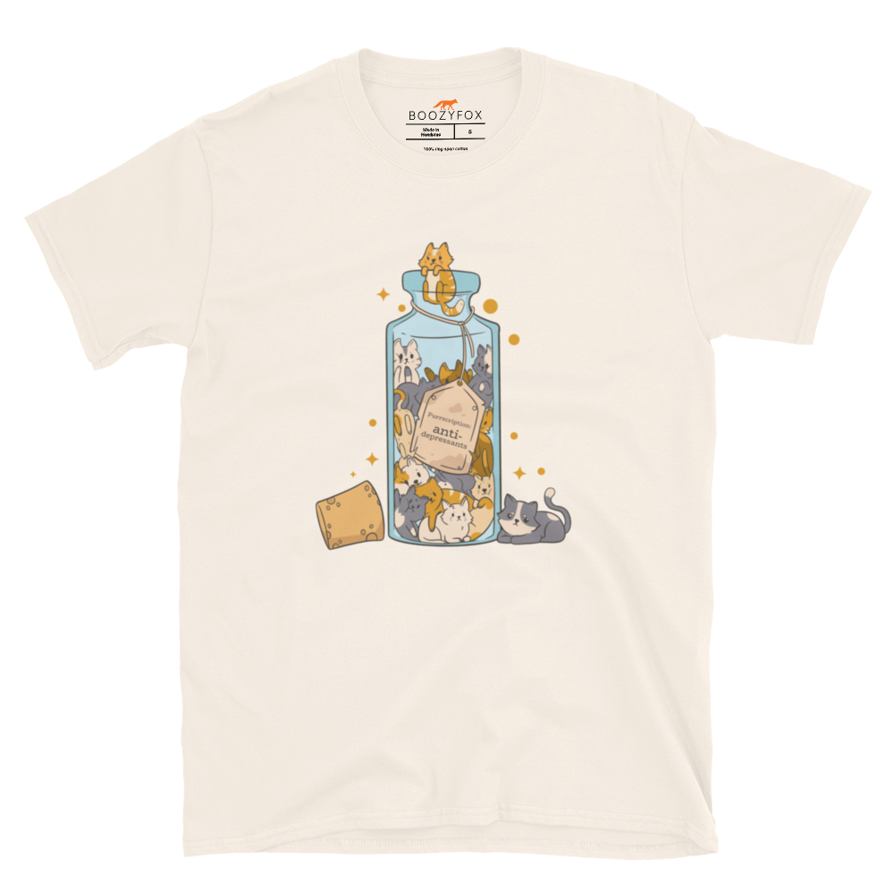 Funny Purrscription: Anti-depressants Cat graphic t-shirt in natural white by Boozy Fox