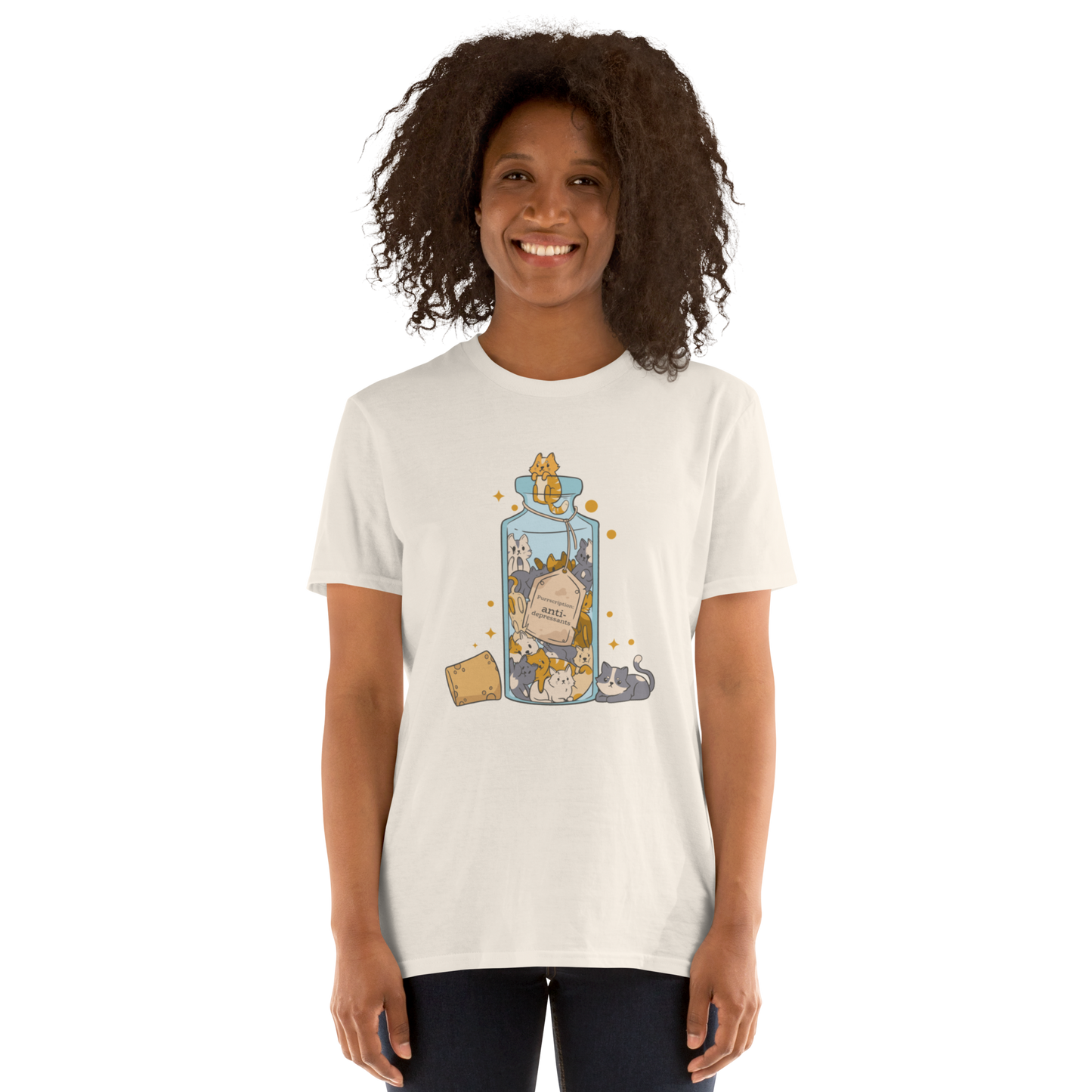 Woman wearing a Funny Purrscription: Anti-depressants Cat graphic t-shirt in natural white by Boozy Fox