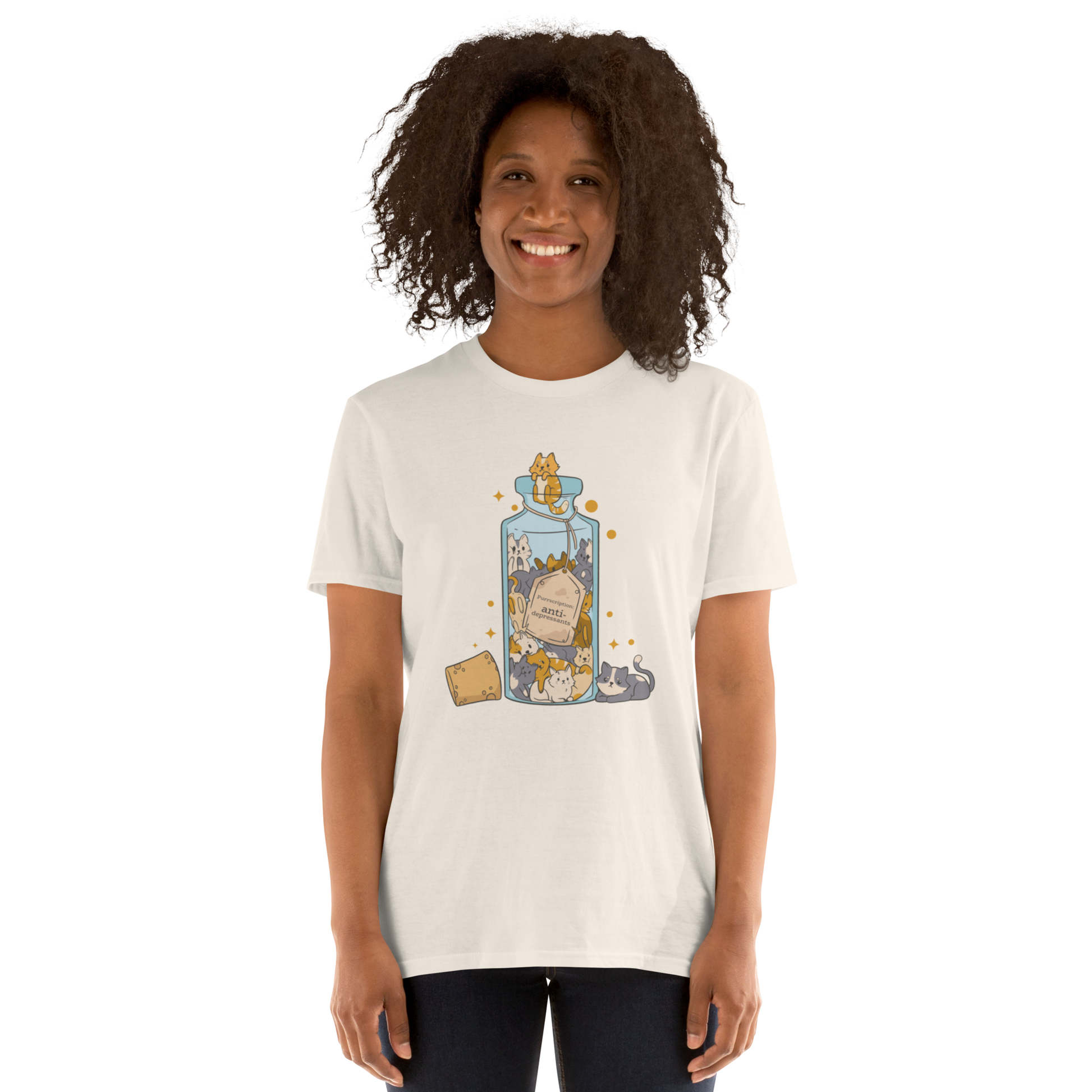 Woman wearing a Funny Purrscription: Anti-depressants Cat graphic t-shirt in natural white by Boozy Fox