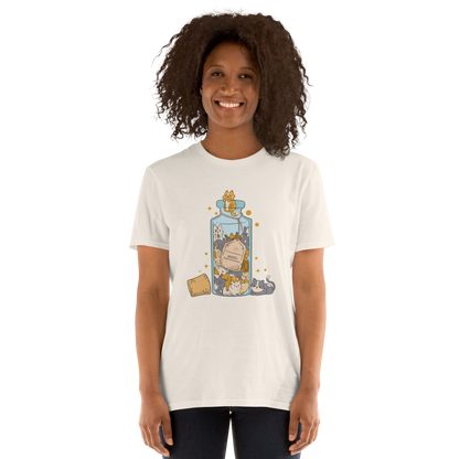 Woman wearing a Funny Purrscription: Anti-depressants Cat graphic t-shirt in natural white by Boozy Fox