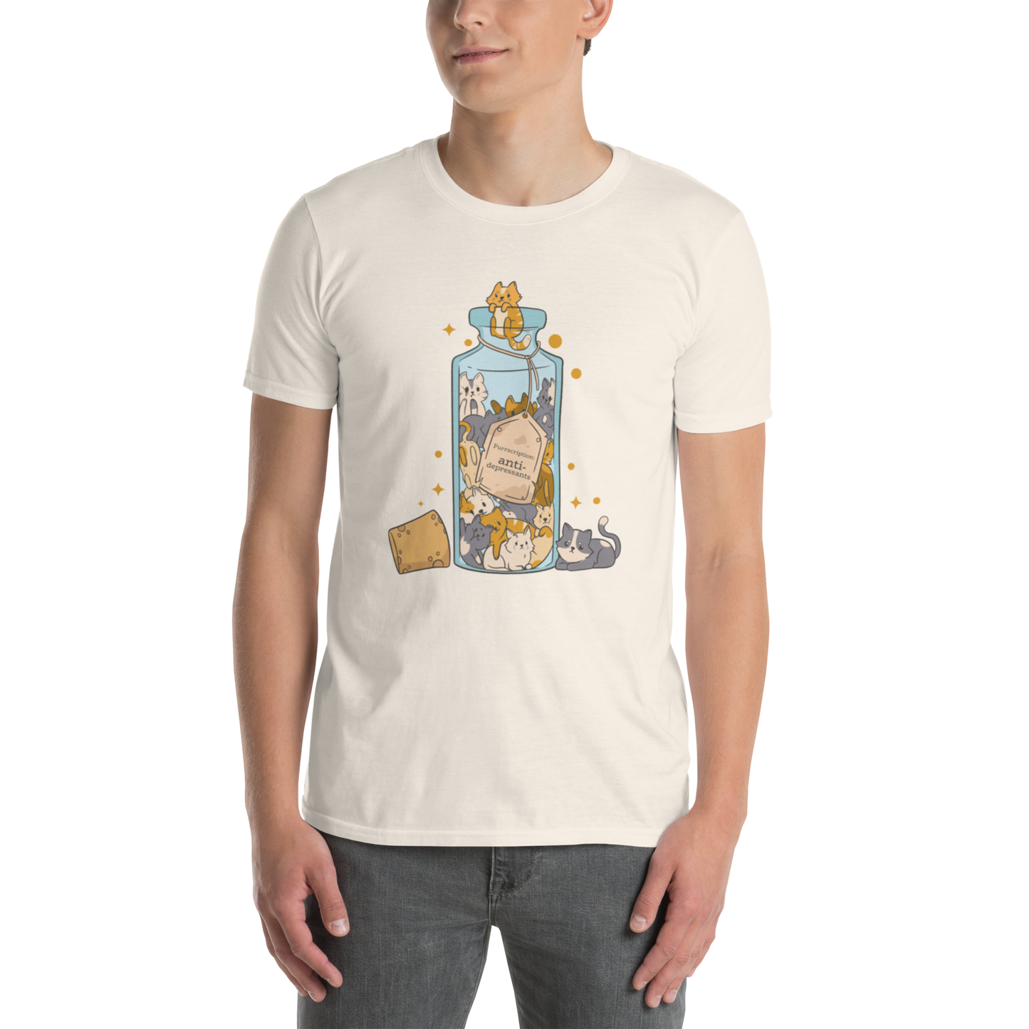 Man wearing a Funny Purrscription: Anti-depressants Cat graphic t-shirt in natural white by Boozy Fox