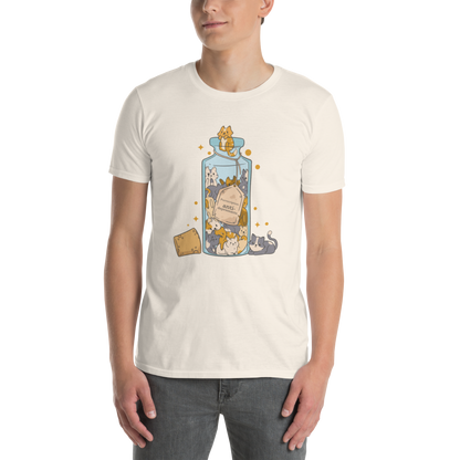 Man wearing a Funny Purrscription: Anti-depressants Cat graphic t-shirt in natural white by Boozy Fox