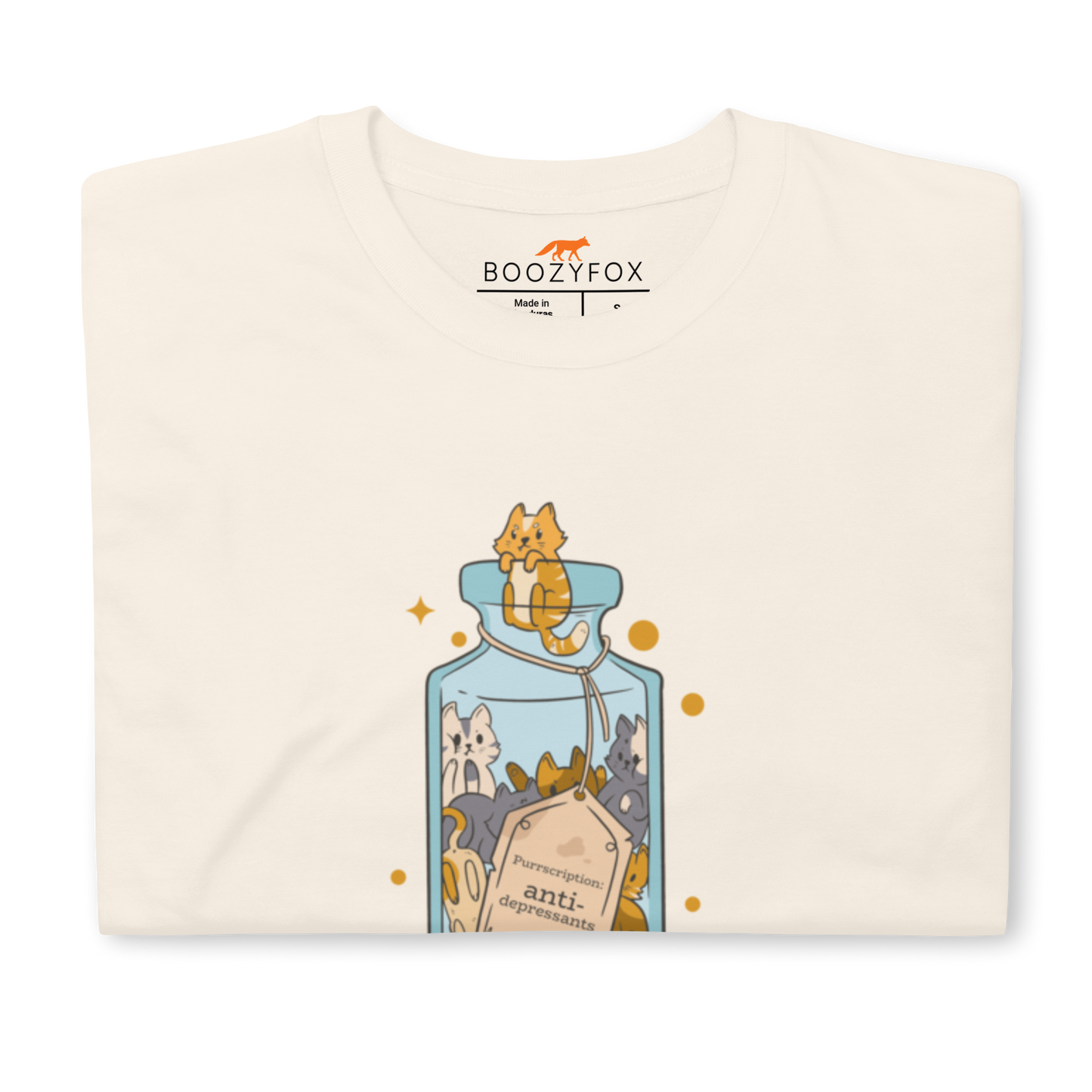 Front details of a Funny Purrscription: Anti-depressants Cat graphic t-shirt in natural white by Boozy Fox