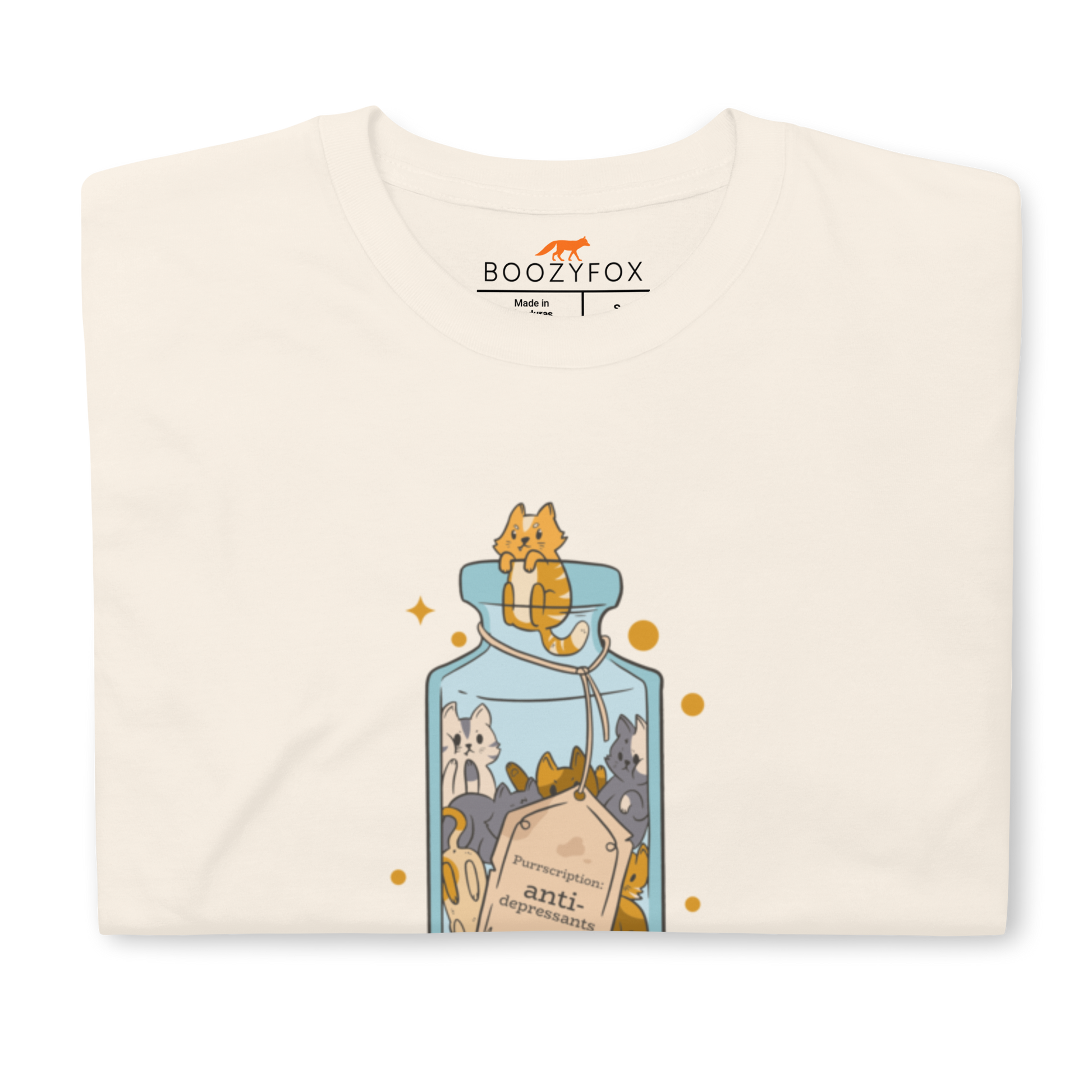 Front details of a Funny Purrscription: Anti-depressants Cat graphic t-shirt in natural white by Boozy Fox
