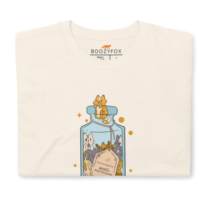 Front details of a Funny Purrscription: Anti-depressants Cat graphic t-shirt in natural white by Boozy Fox