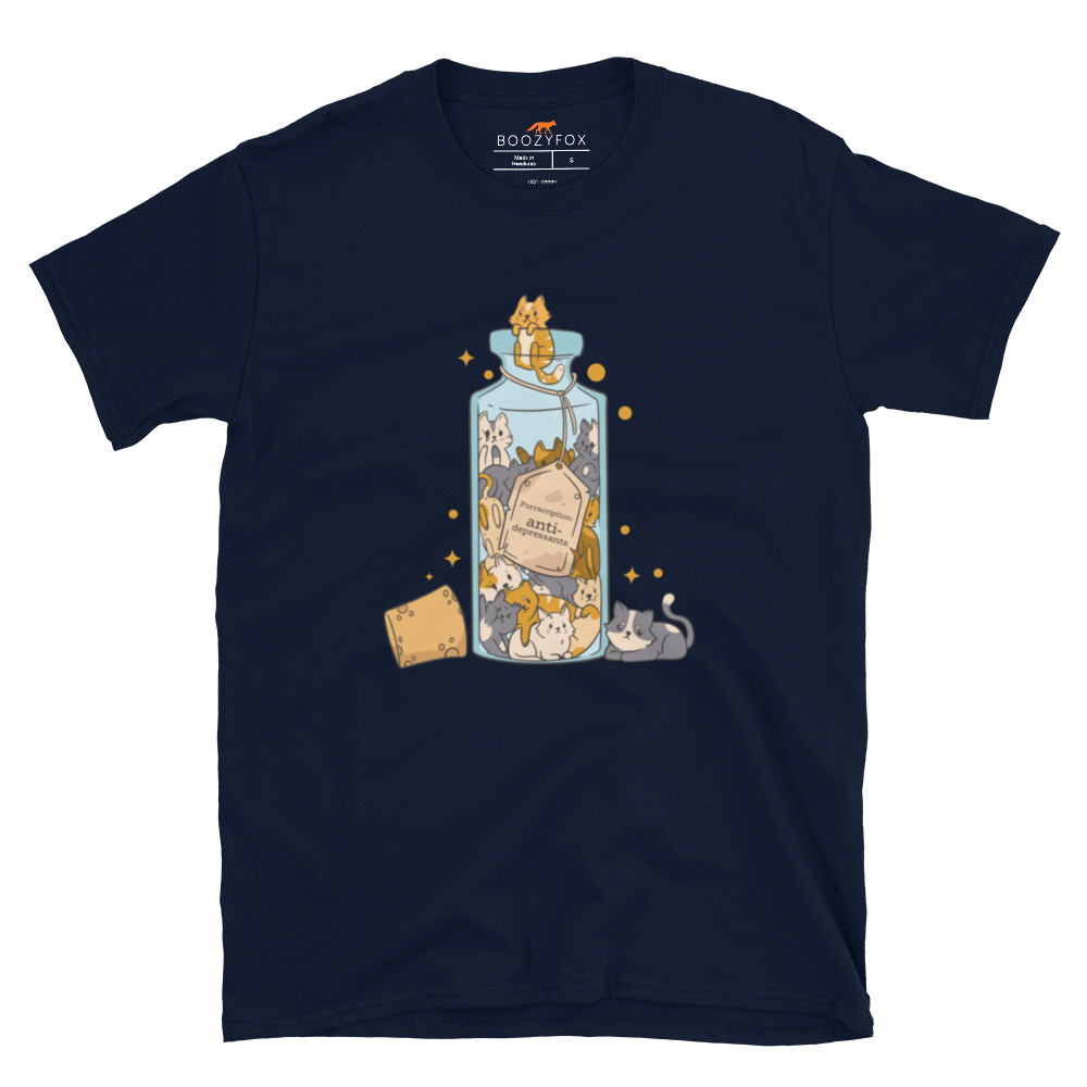 Navy Cat T-Shirt featuring a funny Anti-Depressants graphic on the chest - Cute Graphic Cat T-Shirts - Boozy Fox