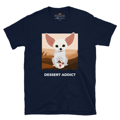 Navy Fennec Fox T-Shirt featuring an adorable Dessert Addict graphic on the chest - Cute Graphic Fennec Fox T-Shirts - Boozy Fox