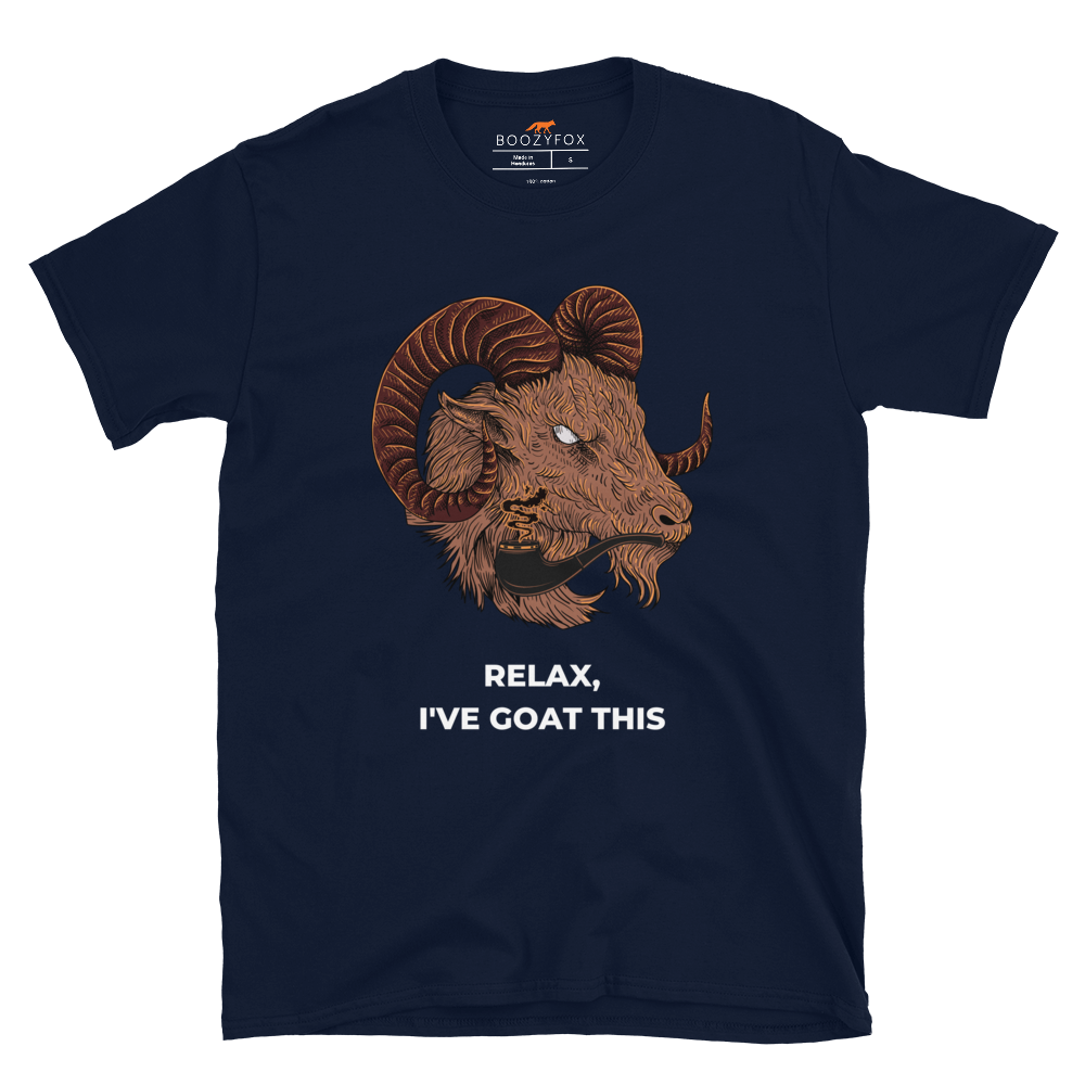 Navy Goat T-Shirt featuring a captivating Relax I've Goat This graphic design on the chest - Funny Graphic Goat T-Shirts - Boozy Fox