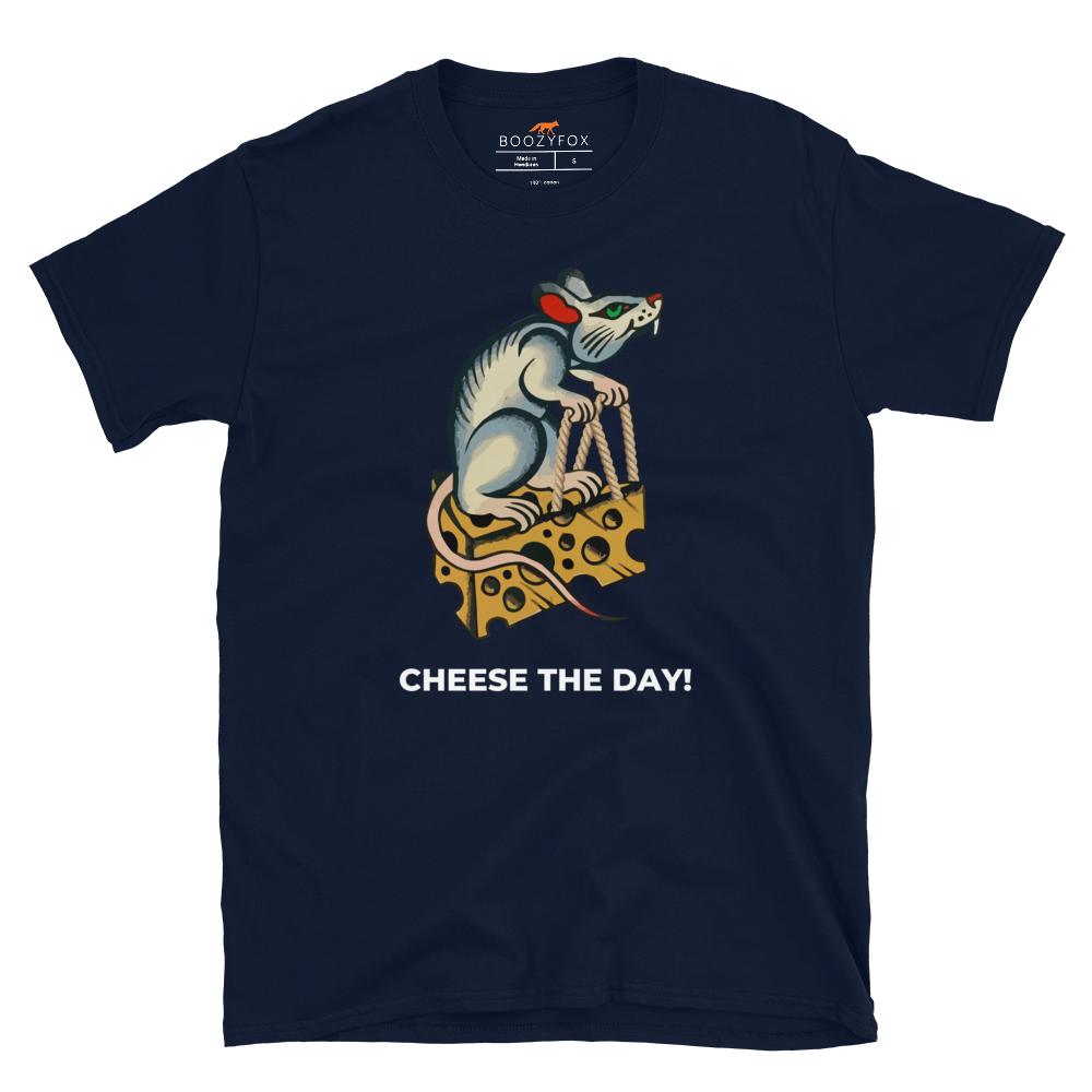 Navy Rat T-Shirt featuring a hilarious Cheese The Day graphic on the chest - Funny Graphic Rat T-Shirts - Boozy Fox