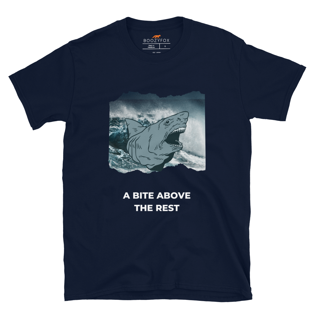 Navy Megalodon T-Shirt featuring A Bite Above the Rest graphic on the chest - Funny Graphic Megalodon T-Shirts - Boozy Fox