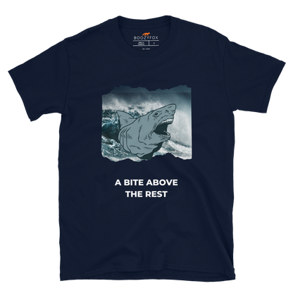 Navy Megalodon T-Shirt featuring A Bite Above the Rest graphic on the chest - Funny Graphic Megalodon T-Shirts - Boozy Fox