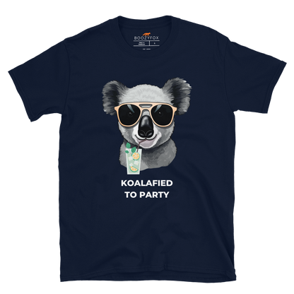 Navy Koala T-Shirt featuring an adorable Koalafied To Party graphic on the chest - Funny Graphic Koala T-Shirts - Boozy Fox