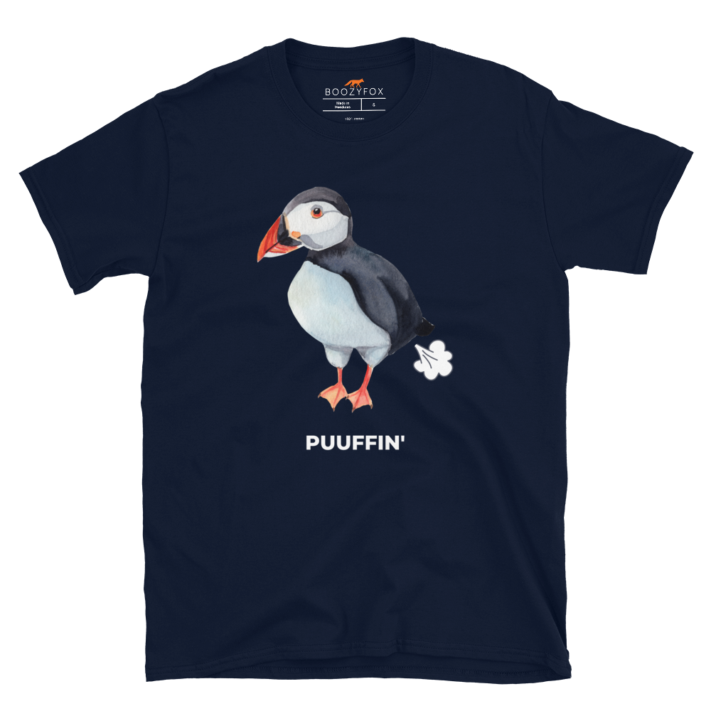 Navy Puffin T-Shirt featuring a comic Puuffin' graphic on the chest - Funny Graphic Puffin T-Shirts - Boozy Fox