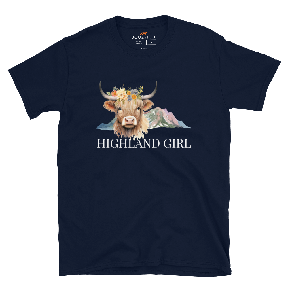 Navy Highland Cow T-Shirt featuring an adorable Highland Girl graphic on the chest - Cute Graphic Highland Cow T-Shirts - Boozy Fox