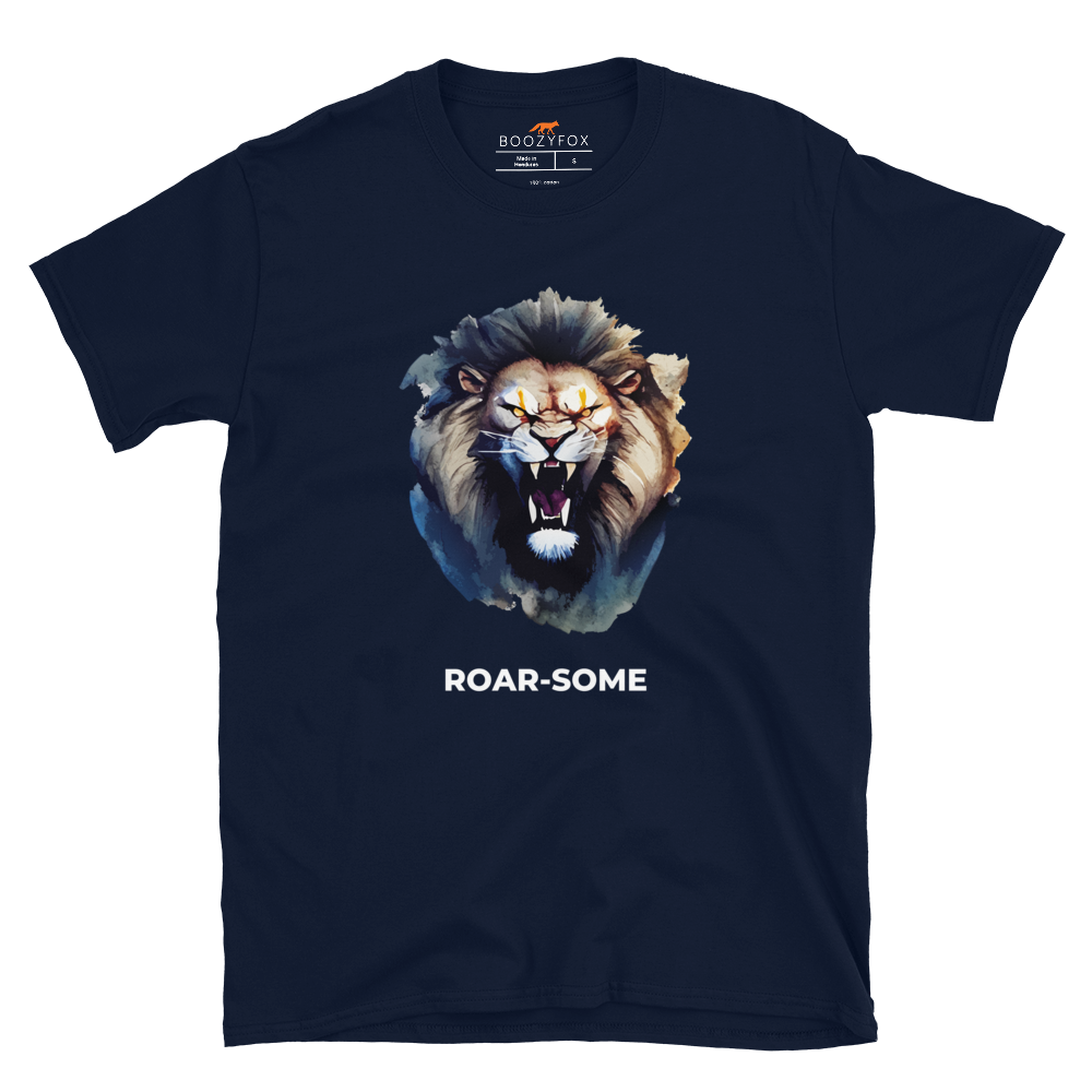 Navy Lion T-Shirt featuring a Roar-Some graphic on the chest - Cool Graphic Lion T-Shirts - Boozy Fox