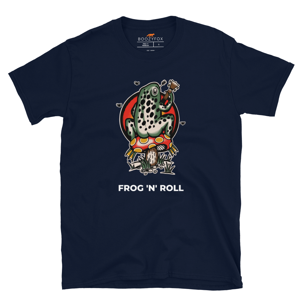 Navy Frog T-Shirt featuring the awesome 'Frog 'n' Roll' graphic on the chest - Funny Graphic Frog T-Shirts - Boozy Fox